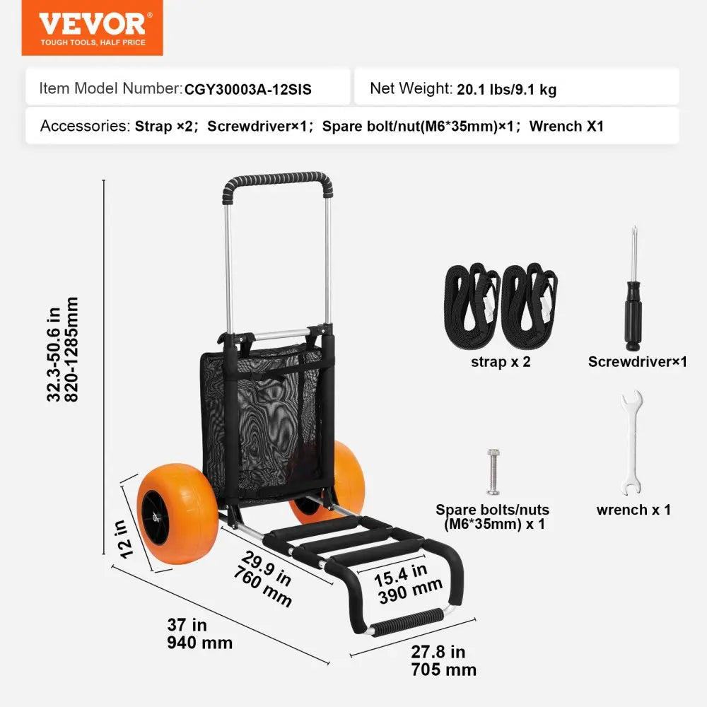 VEVOR Beach Dolly with Big Wheels for Sand, Summervibes,Summervibes, 29.9" X 15.4" Cargo Deck, W/ 12" BIG Wheels, 165LBS Loading Capacity Folding Sand Cart & 27" to 44.7" Adjustable Height, Heavy Duty Cart for Beach VEVOR Super Brand Day