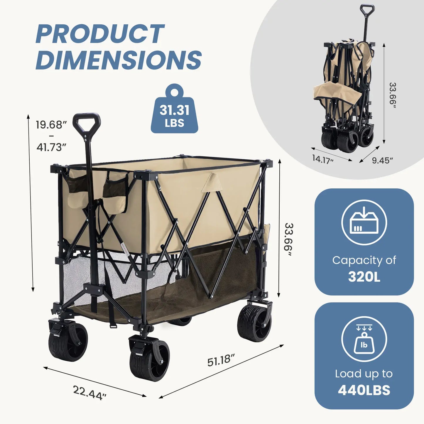 Sweetcrispy 320L Outdoor Folding Double-Decker Wagon with Brakes, 440 Lbs Capacity, Flexible Handle, All-Terrain Big Wheels, Compact Pack & Foldable Size for Grocery, Camping