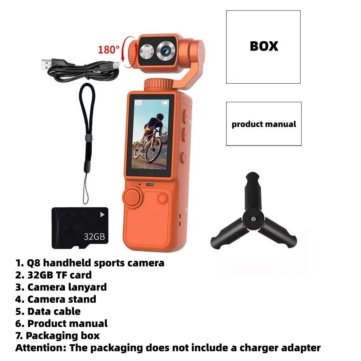 WIXUN-Q8 Handheld Sports Camera, Sports Action Camera, Outdoor Sports Camera, 180 ° Rotatable Lens, 5-Megapixel, 2000Mah Battery Capacity, 2.0-Inch Screen, Equipped with 32GB TF Card, Supports Photography/Recording