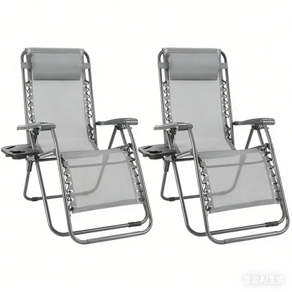Zero Gravity Set of 2 Folding Lounge Chairs with Cup Holder Trays, Adjustable Pillow, Camping and Poolside Accessory, Outdoor Design, Beach Chair Foldable, Outdoor Lawn Chair