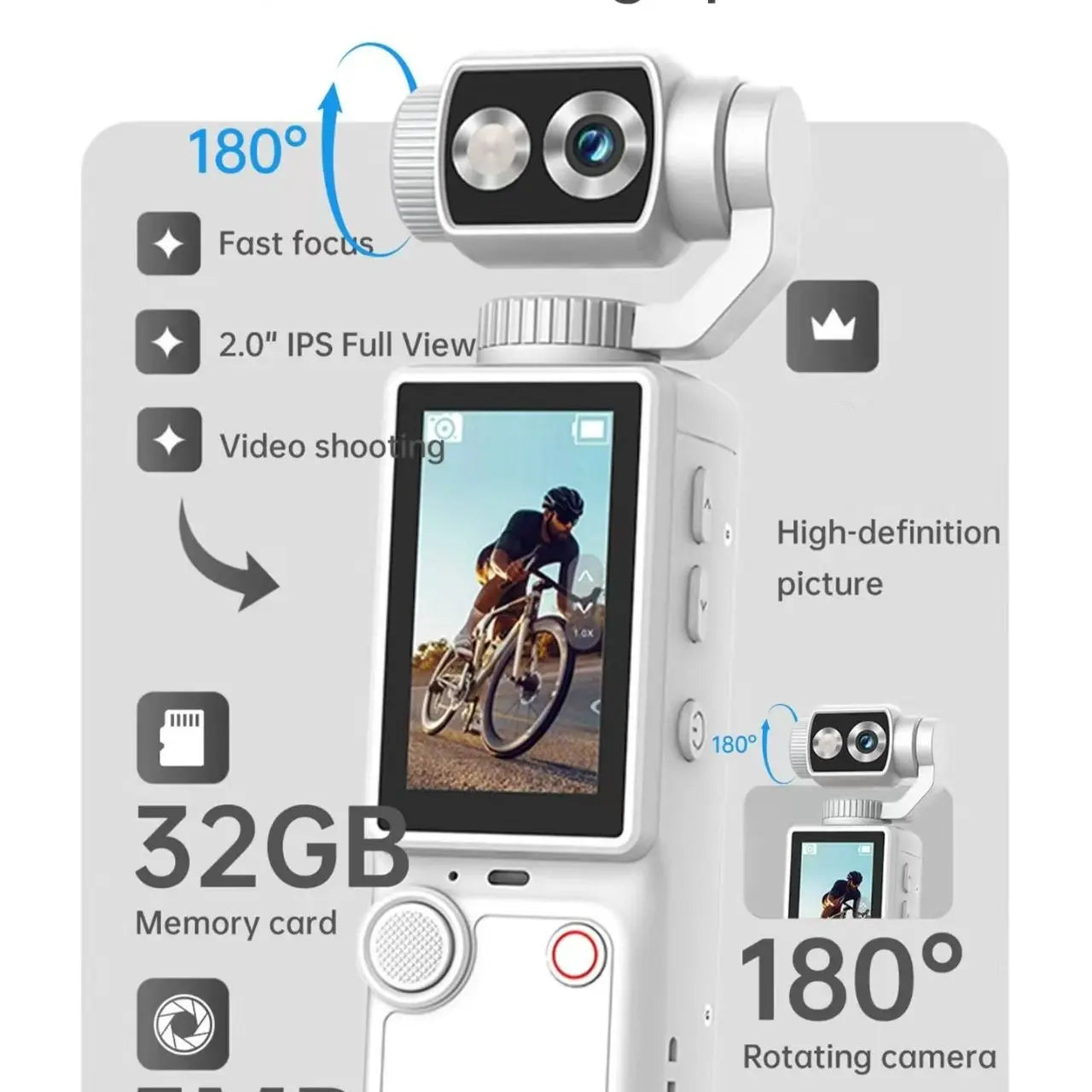 WIXUN-Q8 Handheld Sports Camera, Sports Action Camera, Outdoor Sports Camera, 180 ° Rotatable Lens, 5-Megapixel, 2000Mah Battery Capacity, 2.0-Inch Screen, Equipped with 32GB TF Card, Supports Photography/Recording
