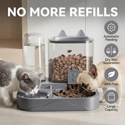 2-In-1 Automatic Cat Feeder and Water Dispenser, Gravity Pet Feeding Station, BPA Free, Dry Wet Separation, Auto Dog Water Bowl for Indoor Cats Dogs, Travel Friendly