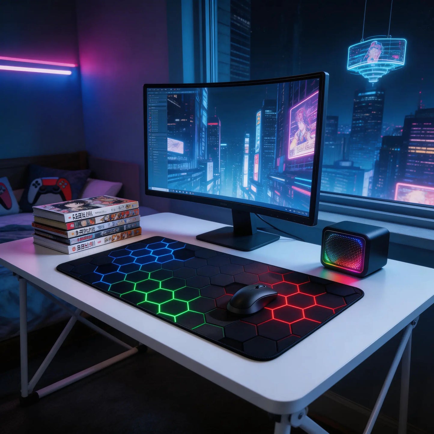 Mouse Pad - Cyber Hex Grid Extended Abstract Geometric Desk Mat, Stitched Edges & Non-Slip Base for Office & Gaming Tiktokshopspringglowup,Summervibes