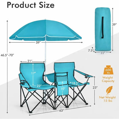 COSTWAY Double Portable Picnic Chairs, Folding Camping Chairs W/Detachable Umbrella, Cooler Bag, Cup Holders, Patio Beach Camping Chairs for Outdoors Football Baseball Season