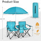 COSTWAY Double Portable Picnic Chairs, Folding Camping Chairs W/Detachable Umbrella, Cooler Bag, Cup Holders, Patio Beach Camping Chairs for Outdoors Football Baseball Season
