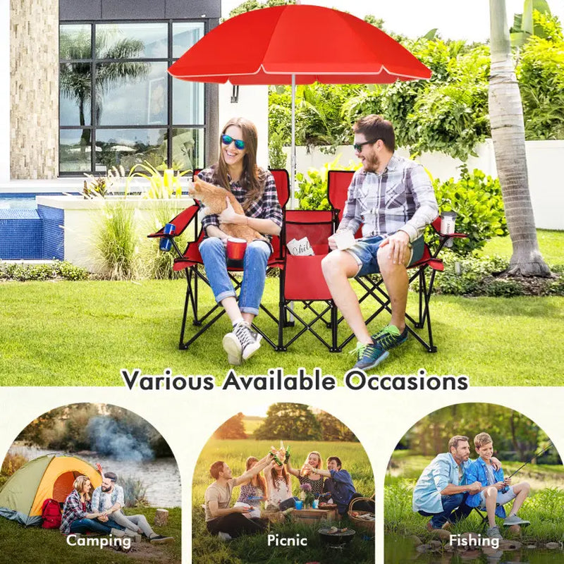 COSTWAY Double Portable Picnic Chairs, Folding Camping Chairs W/Detachable Umbrella, Cooler Bag, Cup Holders, Patio Beach Camping Chairs for Outdoors Football Baseball Season