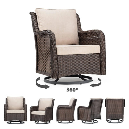 Swivel Patio Furniture Set, 3 Piece Patio Set of 2 with 2-Tier Tempered Glass Top Side Table, Outdoor Wicker Bistro Set for Porch, Balcony, Backyard