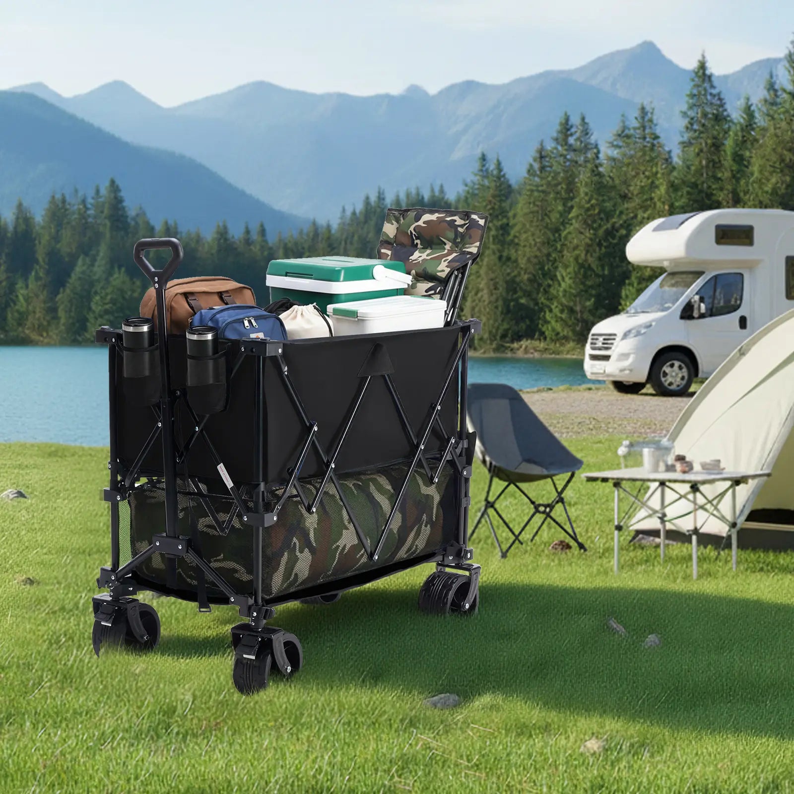 Sweetcrispy 320L Outdoor Folding Double-Decker Wagon with Brakes, 440 Lbs Capacity, Flexible Handle, All-Terrain Big Wheels, Compact Pack & Foldable Size for Grocery, Camping