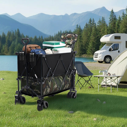 Sweetcrispy 320L Outdoor Folding Double-Decker Wagon with Brakes, 440 Lbs Capacity, Flexible Handle, All-Terrain Big Wheels, Compact Pack & Foldable Size for Grocery, Camping