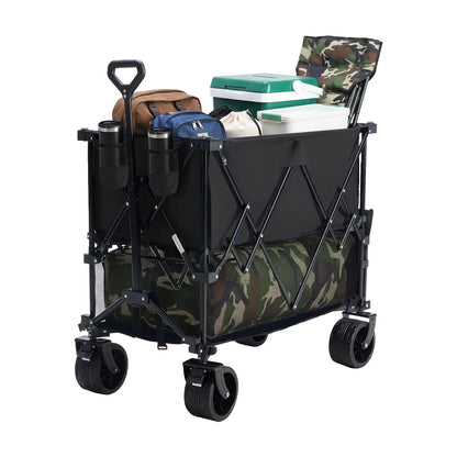 Sweetcrispy 320L Outdoor Folding Double-Decker Wagon with Brakes, 440 Lbs Capacity, Flexible Handle, All-Terrain Big Wheels, Compact Pack & Foldable Size for Grocery, Camping