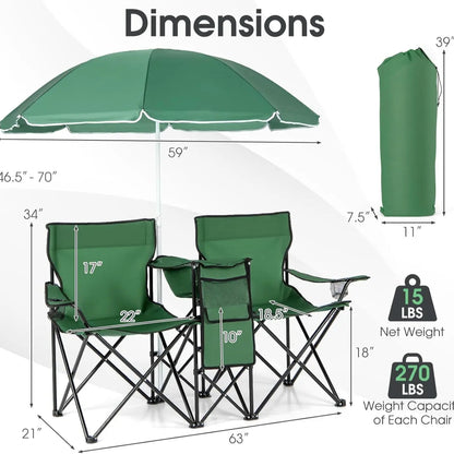 COSTWAY Double Portable Picnic Chairs, Folding Camping Chairs W/Detachable Umbrella, Cooler Bag, Cup Holders, Patio Beach Camping Chairs for Outdoors Football Baseball Season