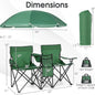 COSTWAY Double Portable Picnic Chairs, Folding Camping Chairs W/Detachable Umbrella, Cooler Bag, Cup Holders, Patio Beach Camping Chairs for Outdoors Football Baseball Season