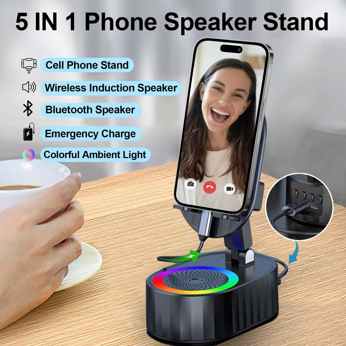 AKLLCCR Wireless Induction Audio Bluetooth Speaker 5In1 Cellphone Holder USB Emergency Rechargeable (5000Mah) Portable Power Mobile Tablet Stand with Colorful Ambient Light Gifts for Friend, Family