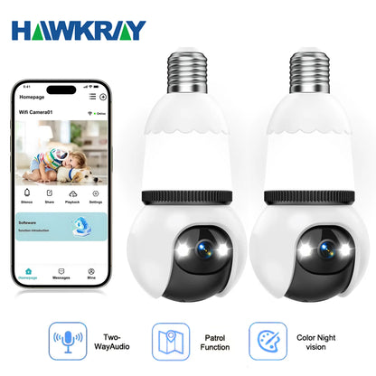 Hawkray Infrared Night Vision Wireless Indoor/Outdoor Security Camera with Night Vision, Motion Detection, 360° Remote Viewing, and Real-Time Alerts Light Bulb Cord Protection Protection