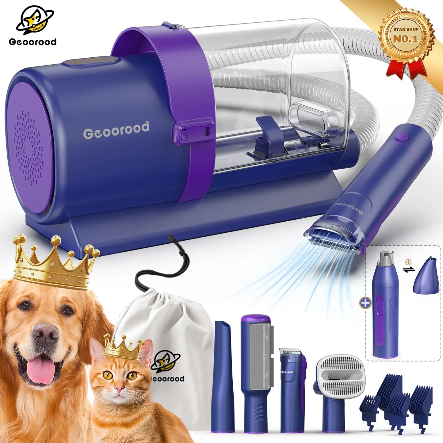 【Geoorood】 Geoorood Dog Grooming All-In-One Kit with Vacuum Brush 2.5L Large Pog, Stainless Steel Blades Lightweight Design 13Kpa Suction Force Portable Cleaning Set #Summervibes #Petlovers