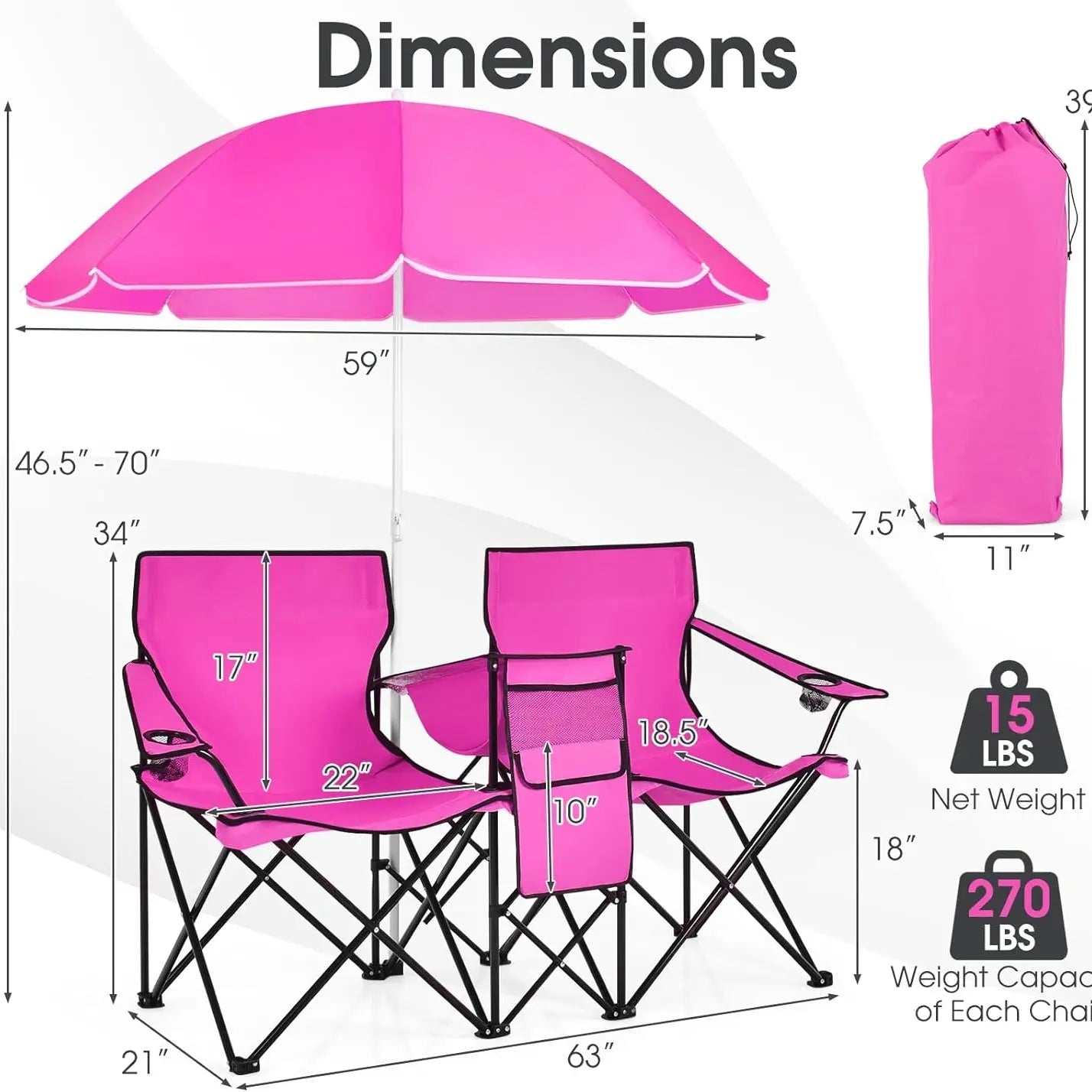 COSTWAY Double Portable Picnic Chairs, Folding Camping Chairs W/Detachable Umbrella, Cooler Bag, Cup Holders, Patio Beach Camping Chairs for Outdoors Football Baseball Season