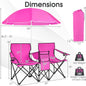 COSTWAY Double Portable Picnic Chairs, Folding Camping Chairs W/Detachable Umbrella, Cooler Bag, Cup Holders, Patio Beach Camping Chairs for Outdoors Football Baseball Season