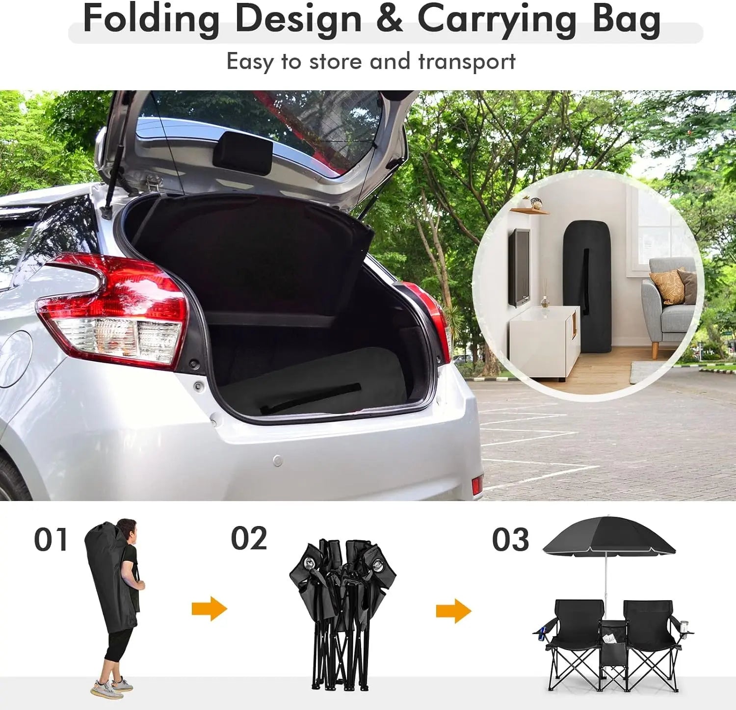 COSTWAY Double Portable Picnic Chairs, Folding Camping Chairs W/Detachable Umbrella, Cooler Bag, Cup Holders, Patio Beach Camping Chairs for Outdoors Football Baseball Season