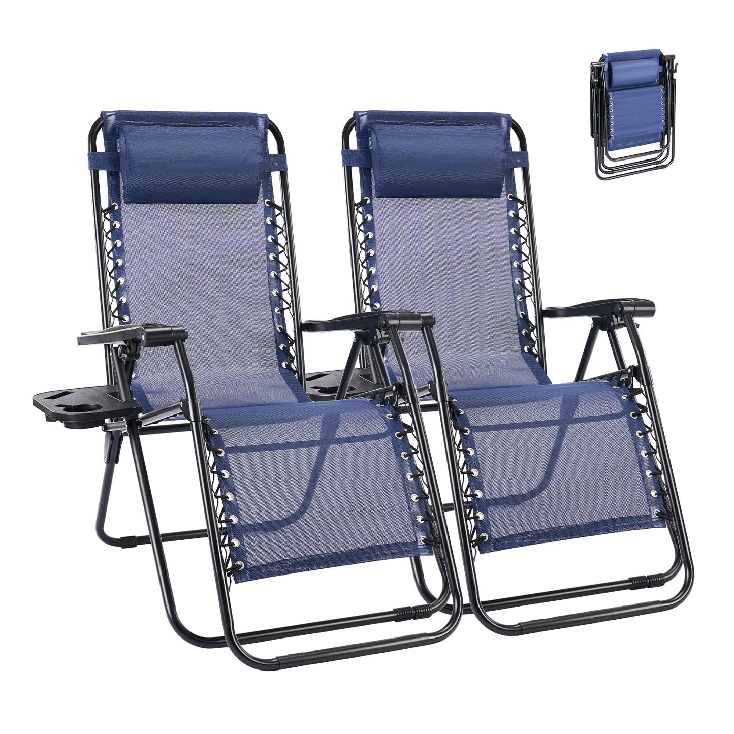 Zero Gravity Set of 2 Folding Lounge Chairs with Cup Holder Trays, Adjustable Pillow, Camping and Poolside Accessory, Outdoor Design, Beach Chair Foldable, Outdoor Lawn Chair