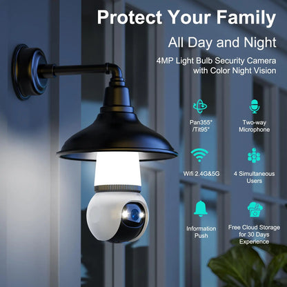 Hawkray Infrared Night Vision Wireless Indoor/Outdoor Security Camera with Night Vision, Motion Detection, 360° Remote Viewing, and Real-Time Alerts Light Bulb Cord Protection Protection