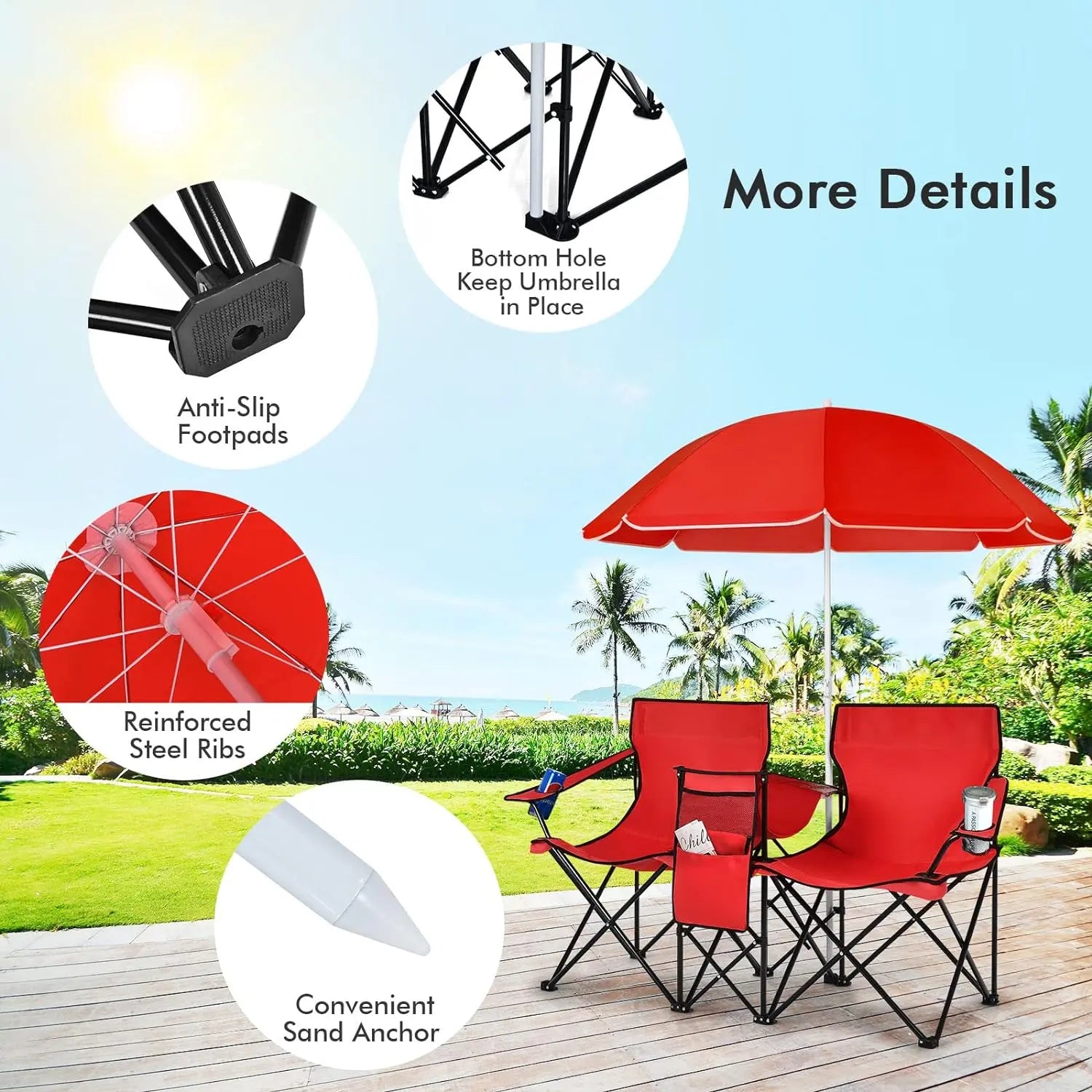 COSTWAY Double Portable Picnic Chairs, Folding Camping Chairs W/Detachable Umbrella, Cooler Bag, Cup Holders, Patio Beach Camping Chairs for Outdoors Football Baseball Season