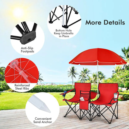 COSTWAY Double Portable Picnic Chairs, Folding Camping Chairs W/Detachable Umbrella, Cooler Bag, Cup Holders, Patio Beach Camping Chairs for Outdoors Football Baseball Season