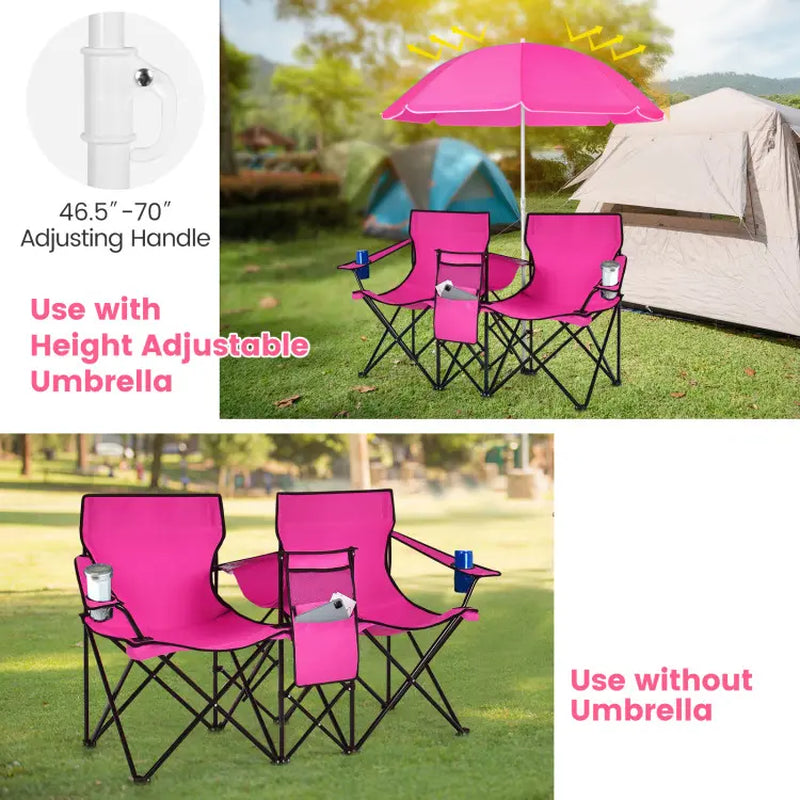 COSTWAY Double Portable Picnic Chairs, Folding Camping Chairs W/Detachable Umbrella, Cooler Bag, Cup Holders, Patio Beach Camping Chairs for Outdoors Football Baseball Season