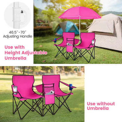 COSTWAY Double Portable Picnic Chairs, Folding Camping Chairs W/Detachable Umbrella, Cooler Bag, Cup Holders, Patio Beach Camping Chairs for Outdoors Football Baseball Season