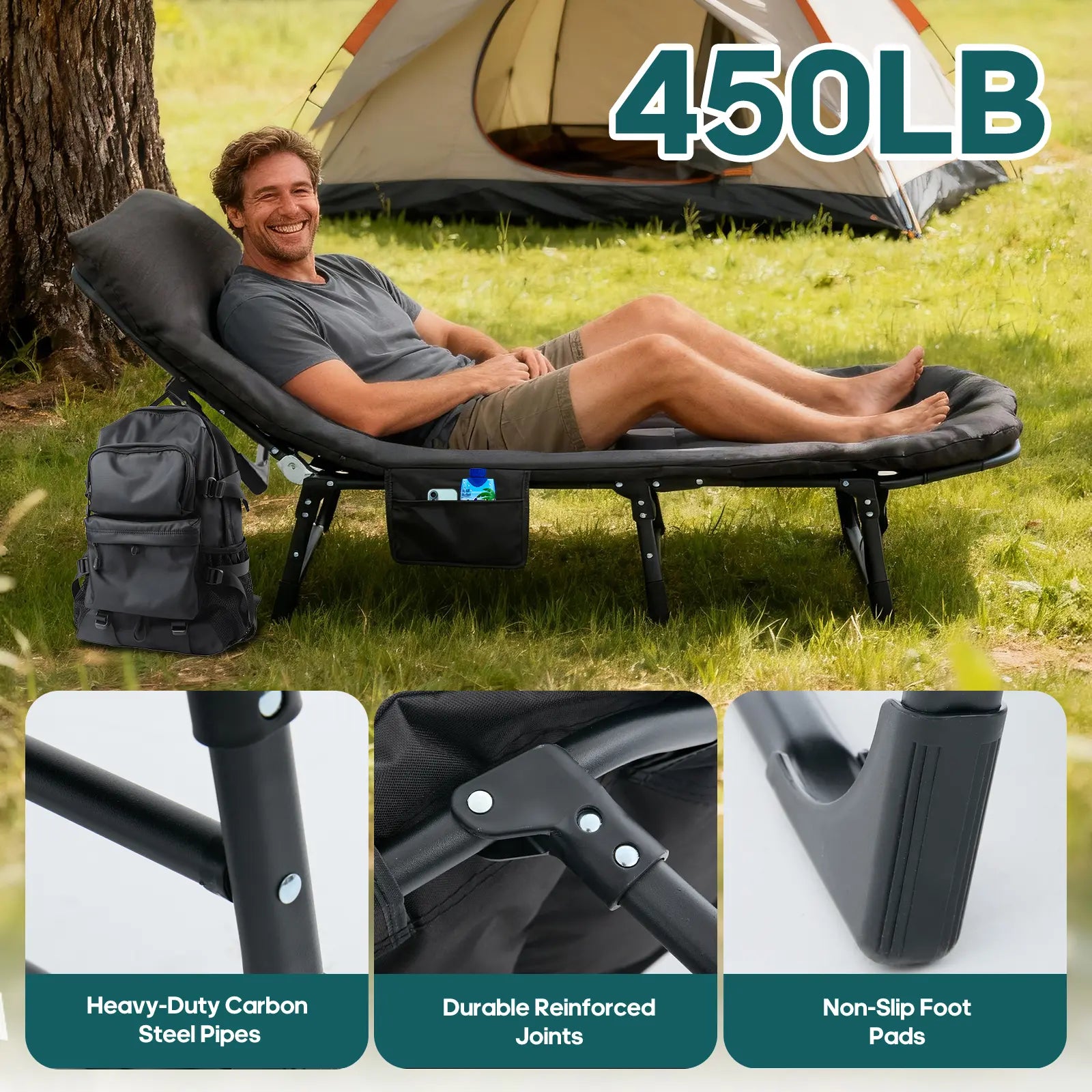 Camping Cot for Adults, 6 Angle Adjustable Folding Camping Bed with Mattress, Foldable Camping Bed for Camp, Office, Outdoor, Lightweight Camping Cot Supports 450 Lbs