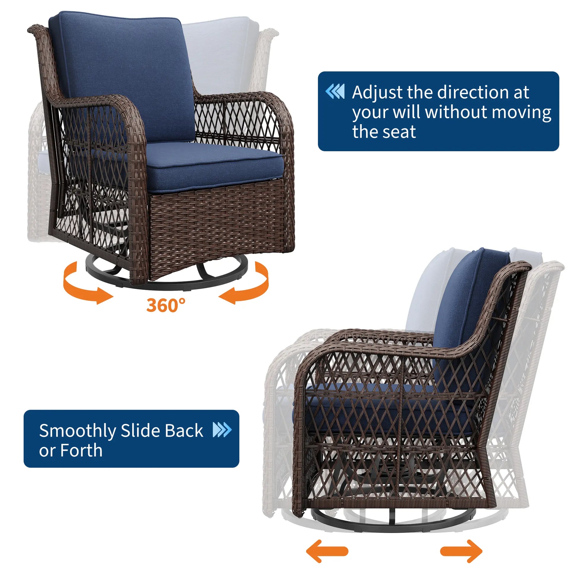 Swivel Patio Furniture Set, 3 Piece Patio Set of 2 with 2-Tier Tempered Glass Top Side Table, Outdoor Wicker Bistro Set for Porch, Balcony, Backyard