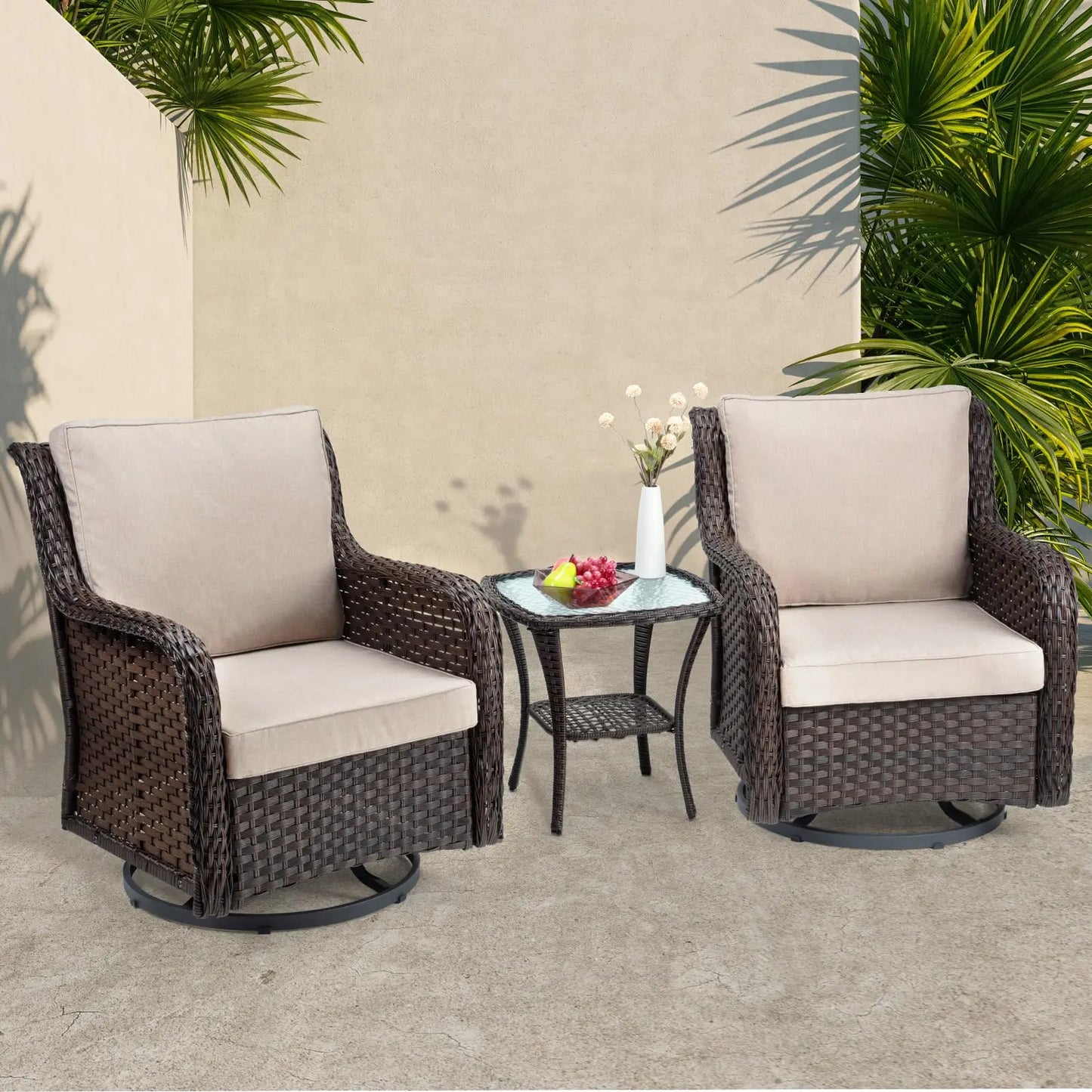Swivel Patio Furniture Set, 3 Piece Patio Set of 2 with 2-Tier Tempered Glass Top Side Table, Outdoor Wicker Bistro Set for Porch, Balcony, Backyard