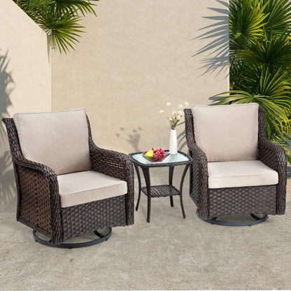 Swivel Patio Furniture Set, 3 Piece Patio Set of 2 with 2-Tier Tempered Glass Top Side Table, Outdoor Wicker Bistro Set for Porch, Balcony, Backyard