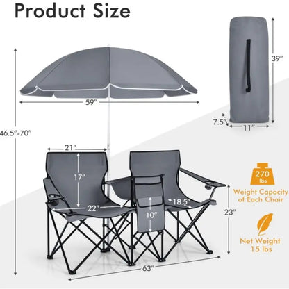 COSTWAY Double Portable Picnic Chairs, Folding Camping Chairs W/Detachable Umbrella, Cooler Bag, Cup Holders, Patio Beach Camping Chairs for Outdoors Football Baseball Season
