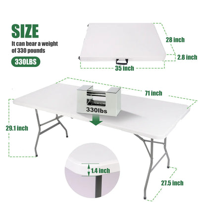 FWTI DEAL 6 Feet Foldable Table (6Ft Folding Table & Tablecloth Set: ZB-6FT), Built in Carrying Handle & Alloy Steel Legs, Heavy Duty Portable for Party, Dining, Wedding, Events, Picnic, Indoor, Outdoor, Camping, Utility - White