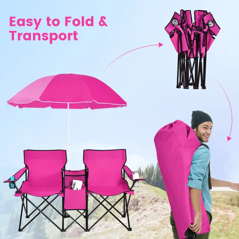 COSTWAY Double Portable Picnic Chairs, Folding Camping Chairs W/Detachable Umbrella, Cooler Bag, Cup Holders, Patio Beach Camping Chairs for Outdoors Football Baseball Season