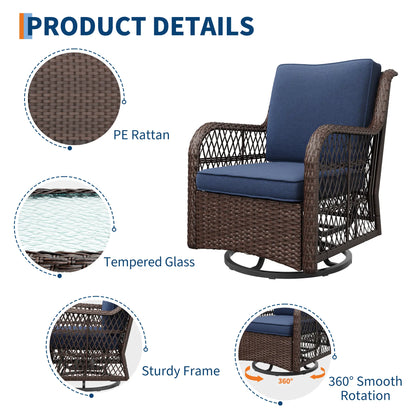 Swivel Patio Furniture Set, 3 Piece Patio Set of 2 with 2-Tier Tempered Glass Top Side Table, Outdoor Wicker Bistro Set for Porch, Balcony, Backyard