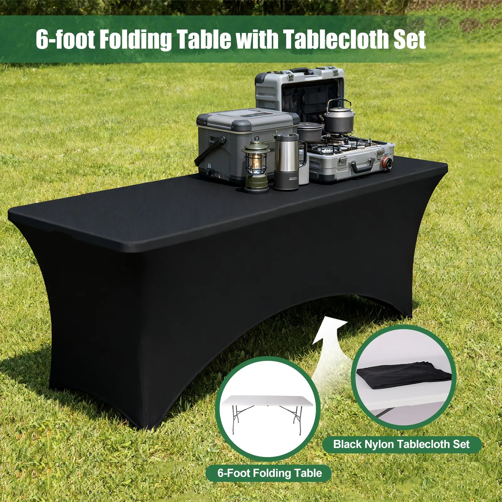 FWTI DEAL 6 Feet Foldable Table (6Ft Folding Table & Tablecloth Set: ZB-6FT), Built in Carrying Handle & Alloy Steel Legs, Heavy Duty Portable for Party, Dining, Wedding, Events, Picnic, Indoor, Outdoor, Camping, Utility - White