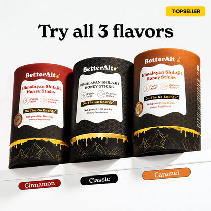 Betteralt GOLD+ Shilajit Honey Sticks | Lab-Tested for Purity | Shilajit, Honey & Saffron | 85 Minerals & 75% Fulvic Acid for Energy & Stamina | 30N