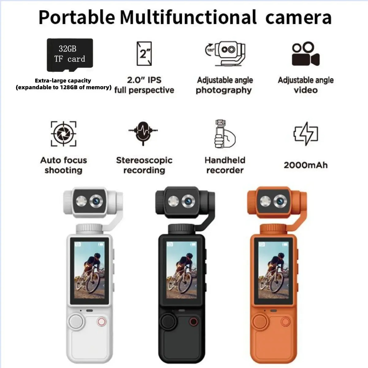 WIXUN-Q8 Handheld Sports Camera, Sports Action Camera, Outdoor Sports Camera, 180 ° Rotatable Lens, 5-Megapixel, 2000Mah Battery Capacity, 2.0-Inch Screen, Equipped with 32GB TF Card, Supports Photography/Recording