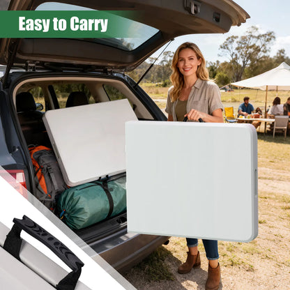 FWTI DEAL 6 Feet Foldable Table (6Ft Folding Table & Tablecloth Set: ZB-6FT), Built in Carrying Handle & Alloy Steel Legs, Heavy Duty Portable for Party, Dining, Wedding, Events, Picnic, Indoor, Outdoor, Camping, Utility - White
