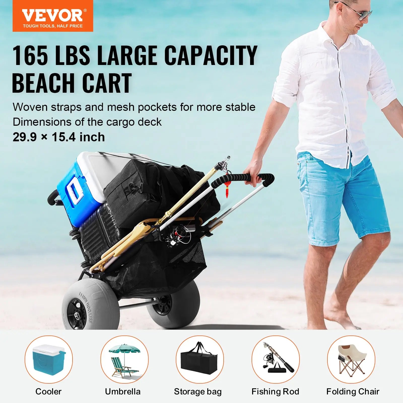 VEVOR Beach Dolly with Big Wheels for Sand, Summervibes,Summervibes, 29.9" X 15.4" Cargo Deck, W/ 12" BIG Wheels, 165LBS Loading Capacity Folding Sand Cart & 27" to 44.7" Adjustable Height, Heavy Duty Cart for Beach VEVOR Super Brand Day