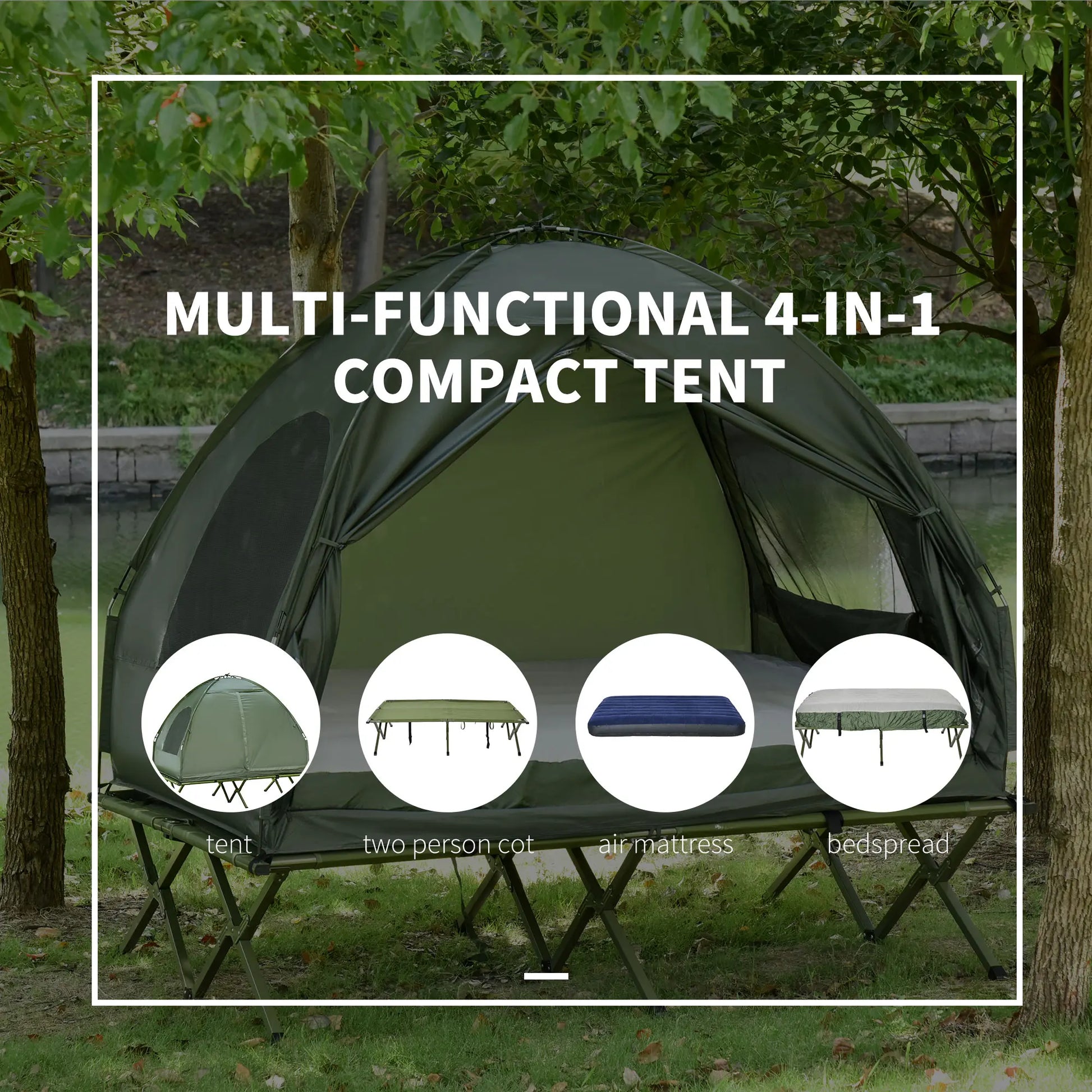 #Summervibes Outsunny 1/2 Person Foldable Camping Cot with Tent, Bedspread, Thick Air Mattress, 4-In-1 Elevated Camping Bed for Outdoor Hiking, Picnic, Travel