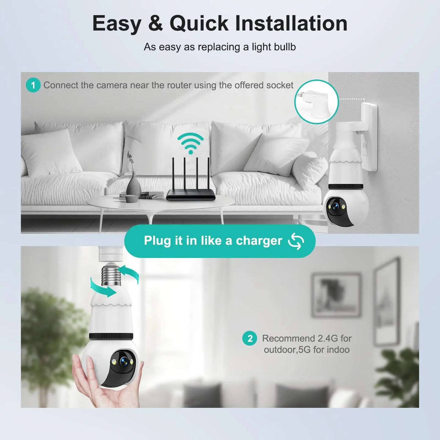 Hawkray Infrared Night Vision Wireless Indoor/Outdoor Security Camera with Night Vision, Motion Detection, 360° Remote Viewing, and Real-Time Alerts Light Bulb Cord Protection Protection