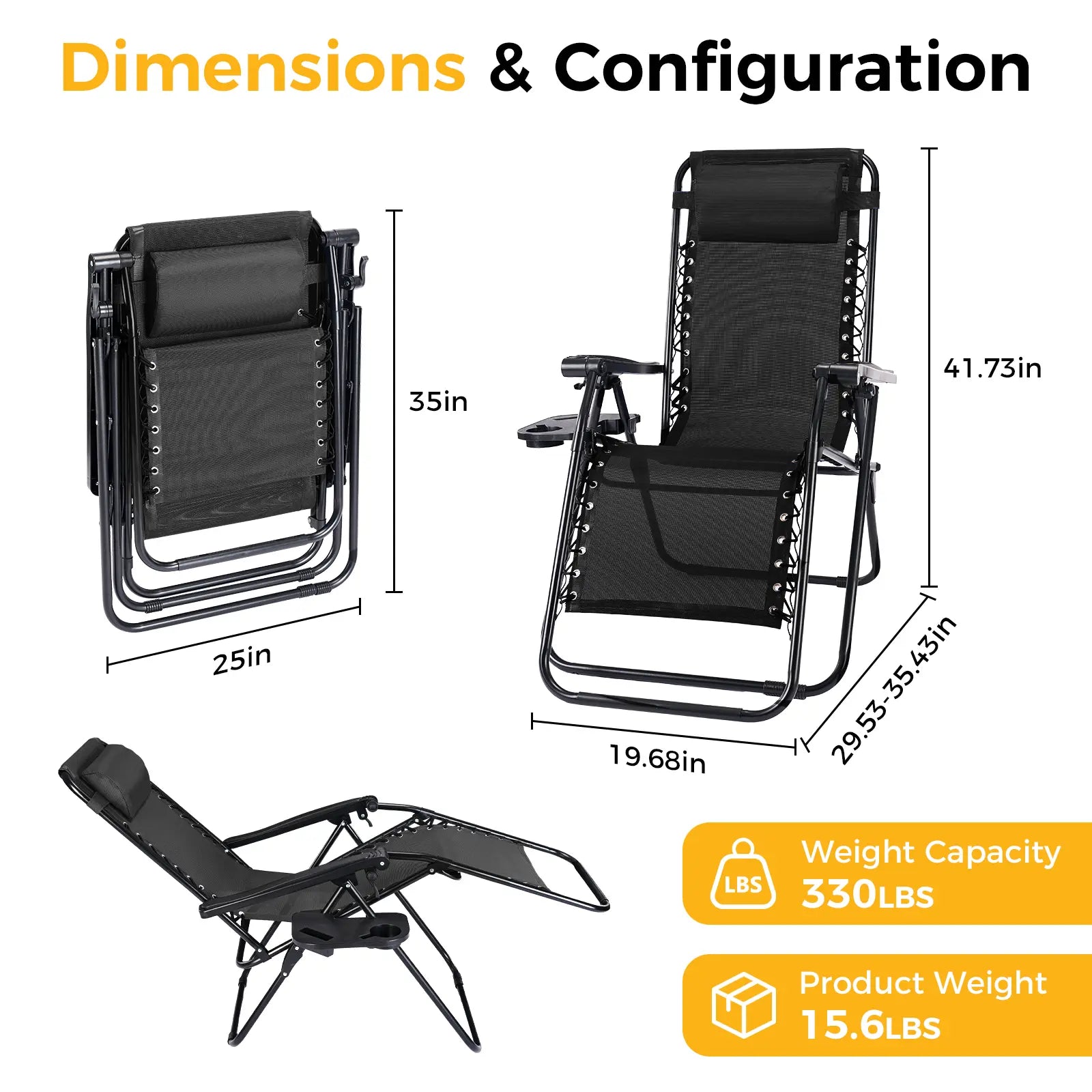 Zero Gravity Set of 2 Folding Lounge Chairs with Cup Holder Trays, Adjustable Pillow, Camping and Poolside Accessory, Outdoor Design, Beach Chair Foldable, Outdoor Lawn Chair