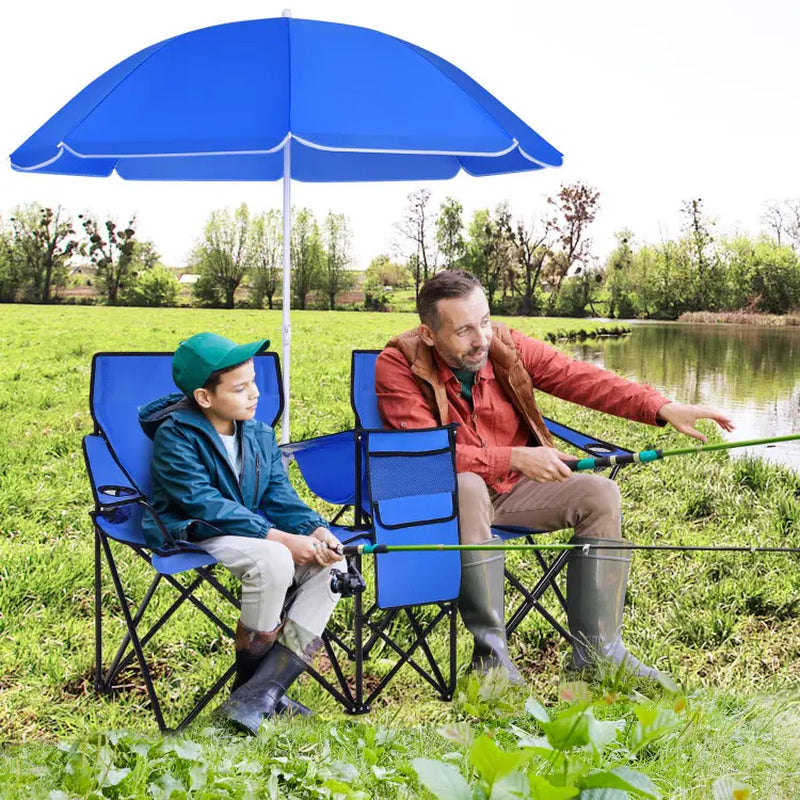 COSTWAY Double Portable Picnic Chairs, Folding Camping Chairs W/Detachable Umbrella, Cooler Bag, Cup Holders, Patio Beach Camping Chairs for Outdoors Football Baseball Season