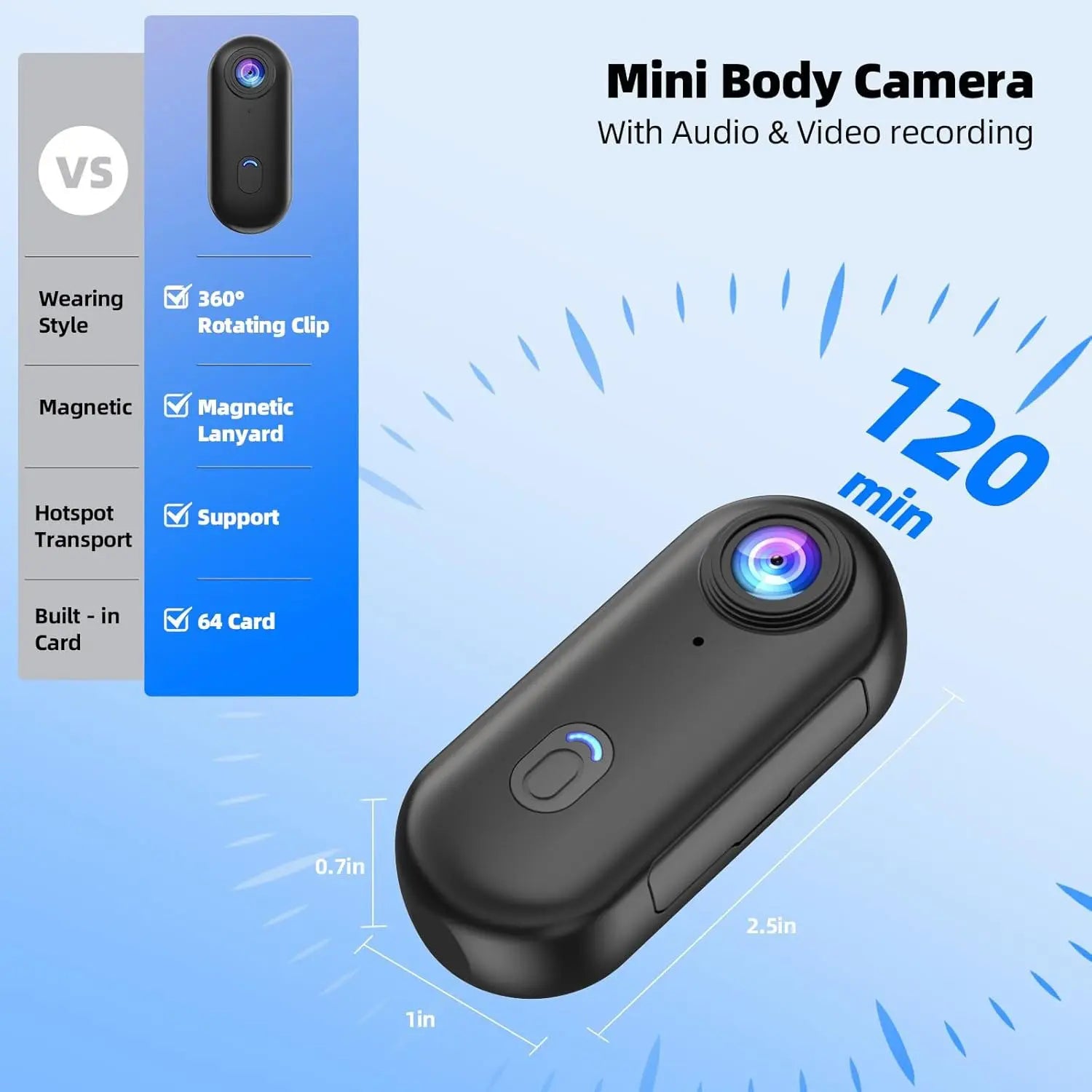 128G 4K Body Camera, Thumb Size Cam,Wearable Camera with 360°Rotatable Clip & Magnetic Clip,120 Minutes for Recording,Take for Lecture, Traveling,Pet Walking,Outdoors Activities