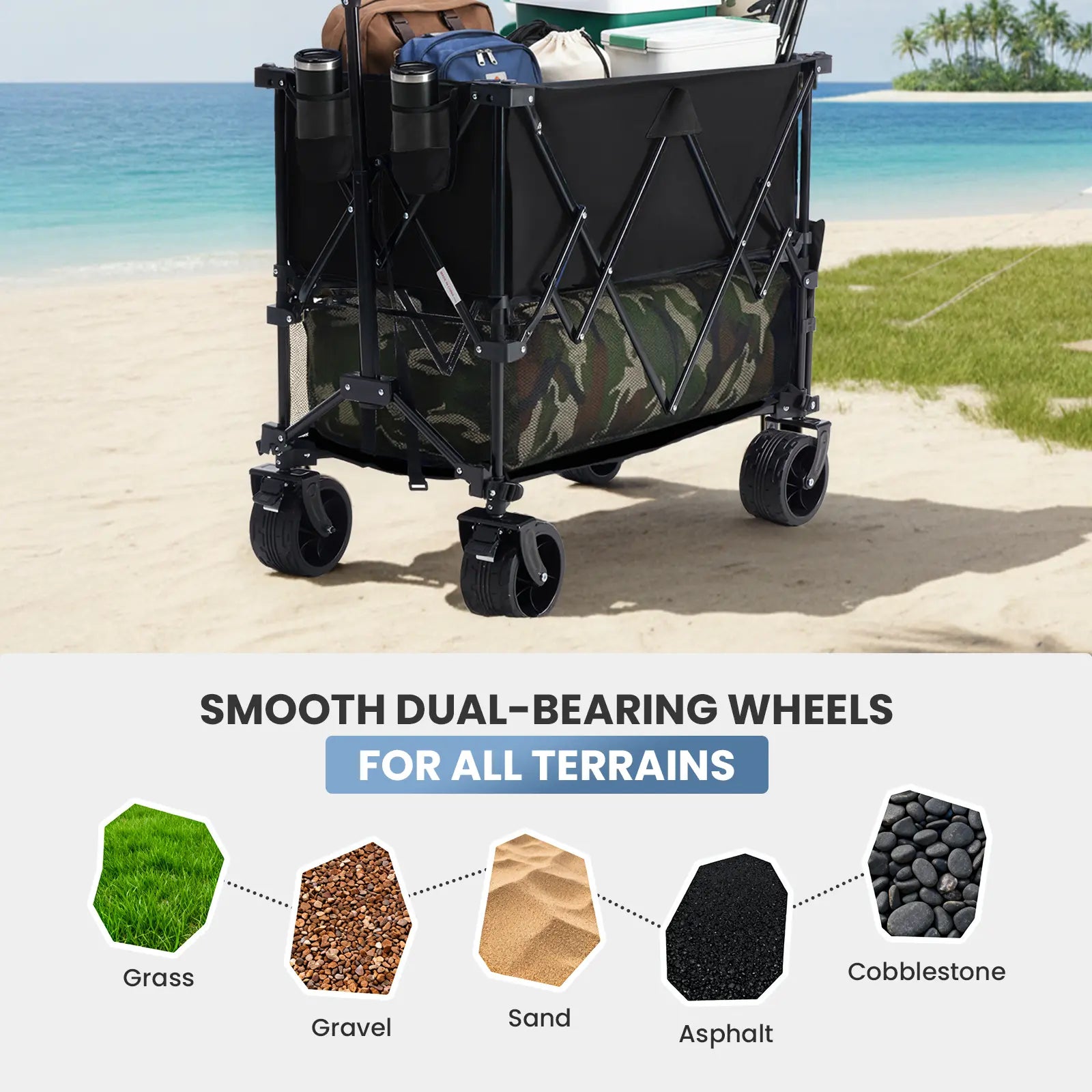 Sweetcrispy 320L Outdoor Folding Double-Decker Wagon with Brakes, 440 Lbs Capacity, Flexible Handle, All-Terrain Big Wheels, Compact Pack & Foldable Size for Grocery, Camping