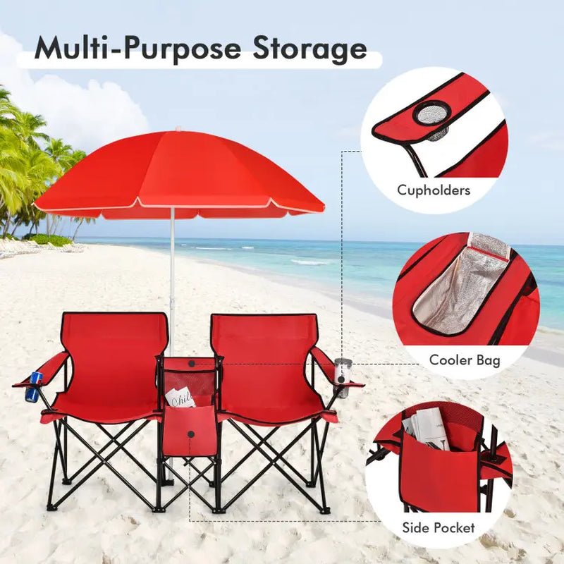 COSTWAY Double Portable Picnic Chairs, Folding Camping Chairs W/Detachable Umbrella, Cooler Bag, Cup Holders, Patio Beach Camping Chairs for Outdoors Football Baseball Season