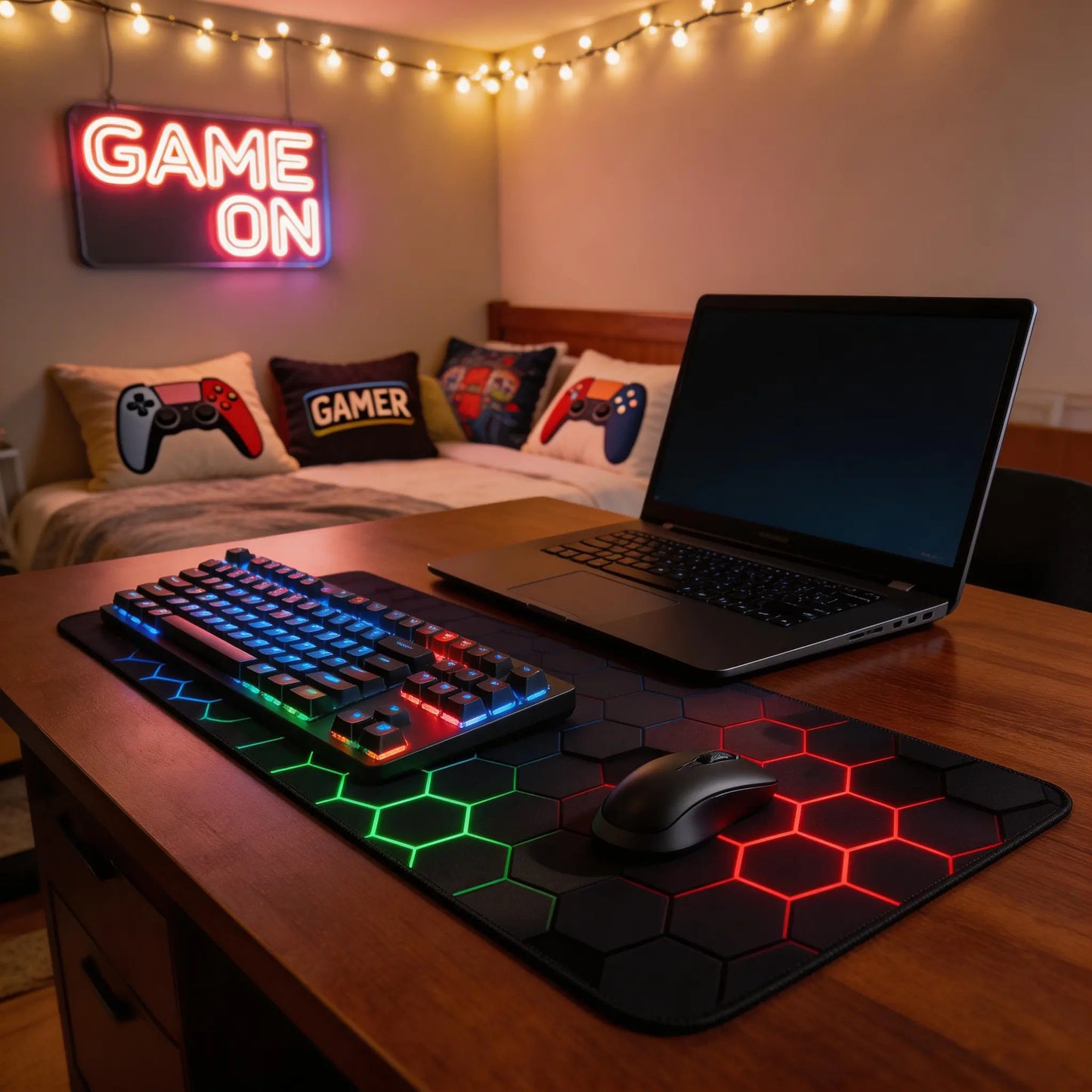 Mouse Pad - Cyber Hex Grid Extended Abstract Geometric Desk Mat, Stitched Edges & Non-Slip Base for Office & Gaming Tiktokshopspringglowup,Summervibes
