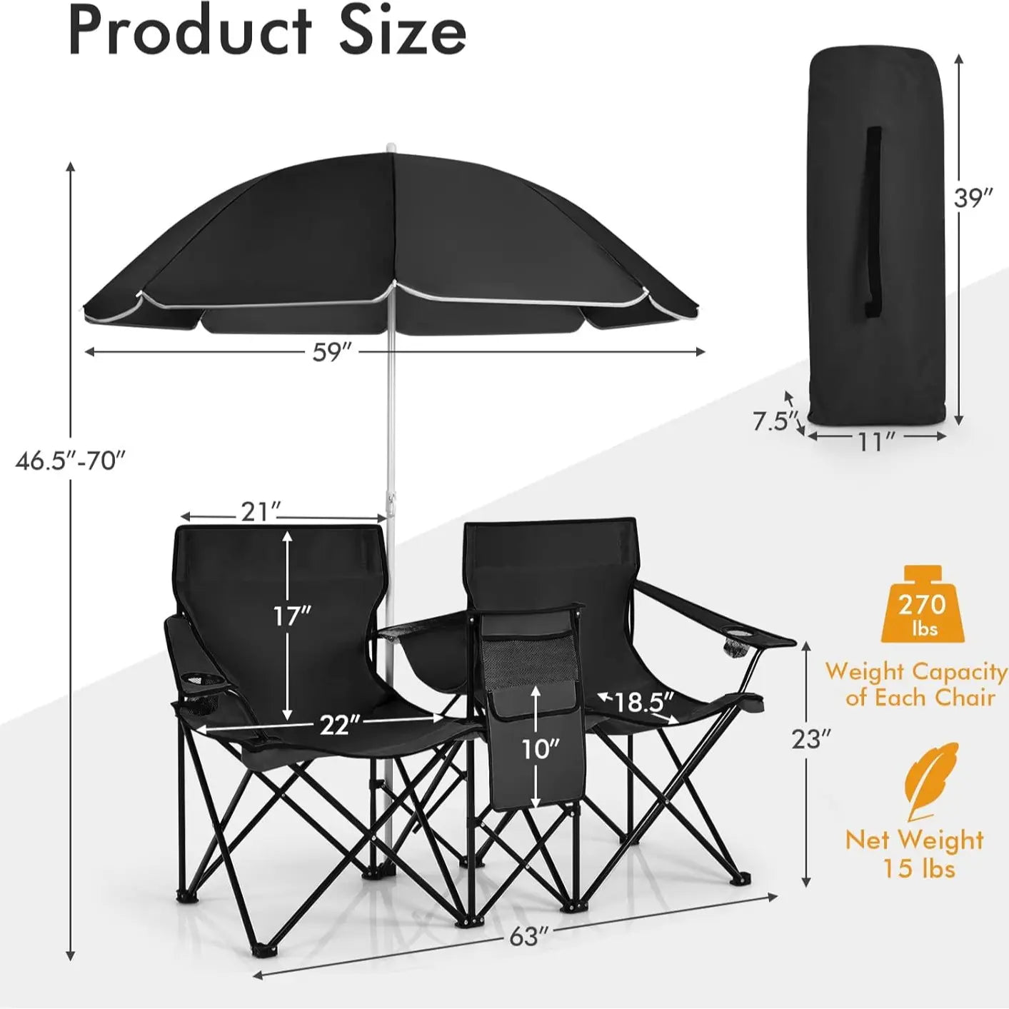 COSTWAY Double Portable Picnic Chairs, Folding Camping Chairs W/Detachable Umbrella, Cooler Bag, Cup Holders, Patio Beach Camping Chairs for Outdoors Football Baseball Season